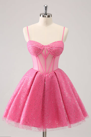 Vestido de cóctel con corsé de tirantes finos de línea A rosa con lentejuelas